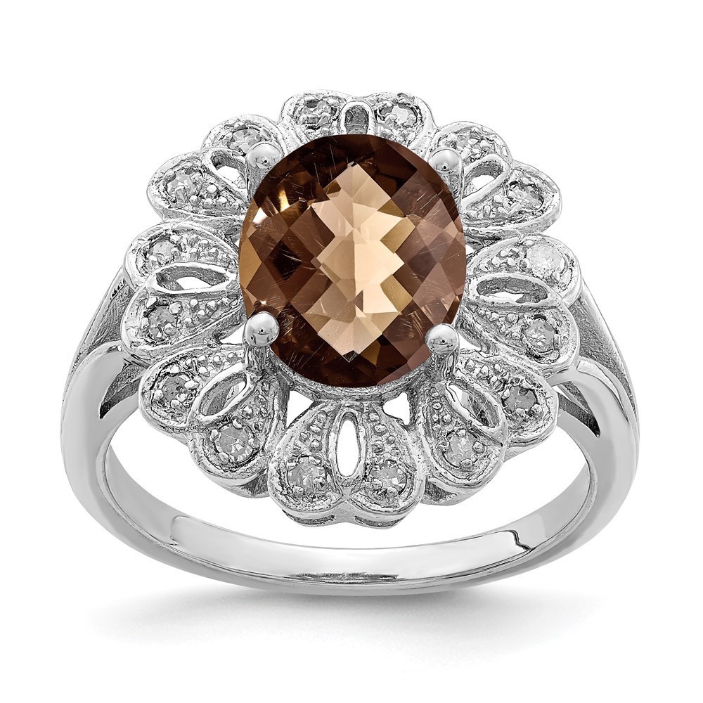 925 Sterling Silver Rhodium Diam. & Checker-Cut Smoky Quartz Ring